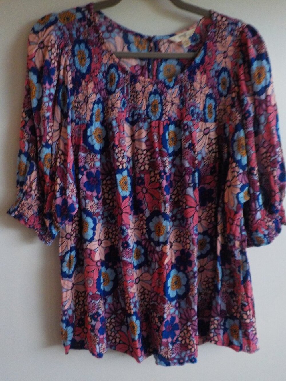 Terra & Sky Blouse - Sz 1X - Flower Multicolor Bright Y2K Boho Smocking (907)